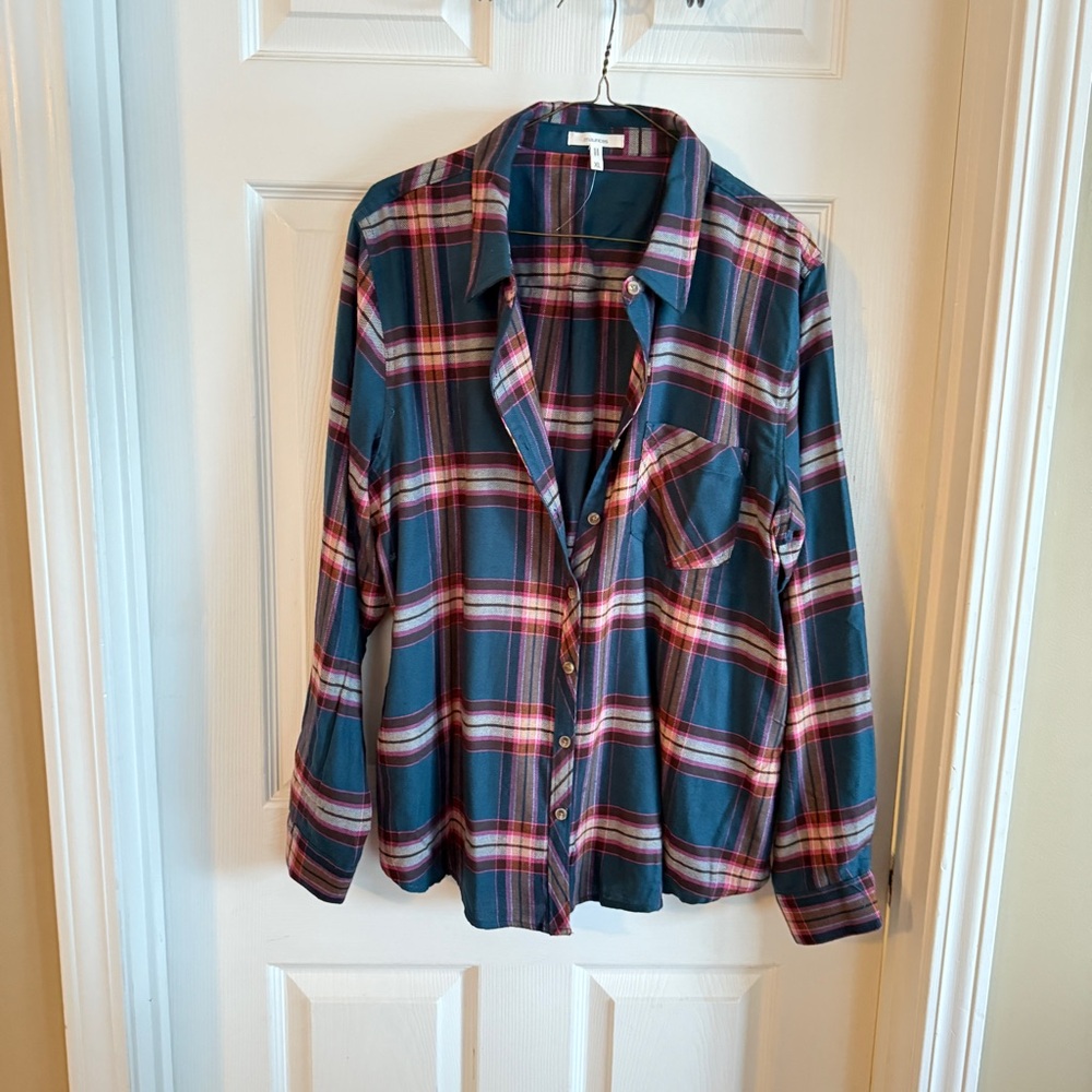 Maurices Teal & Pink Plaid Button-Up Flannel Shirt – Women’s XL